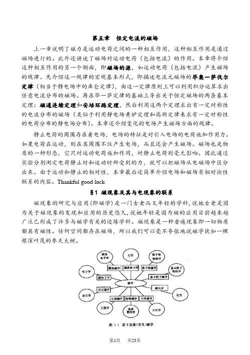 初中九年级(初三)物理 第五章 恒定电流的磁场 上一章说明了磁力是运动电荷之间的一种相互作用,这种相互作
