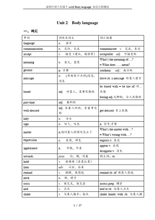 深圳牛津八年级下unit2 Body language 知识点和测试