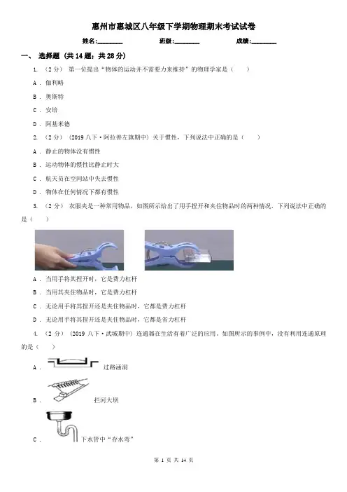 惠州市惠城区八年级下学期物理期末考试试卷