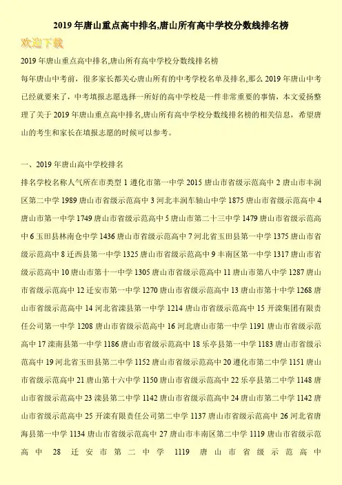 2019年唐山重点高中排名,唐山所有高中学校分数线排名榜 