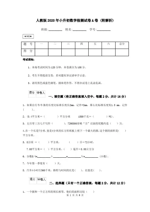 人教版2020年小升初数学检测试卷A卷 (附解析)