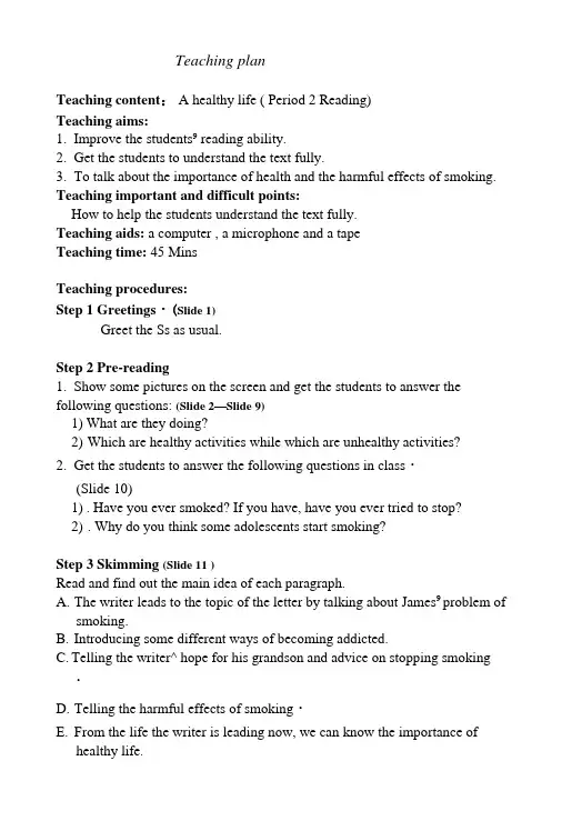 unit3《AhealthylifePeriod2Reading》教案2(人教版选修6).doc