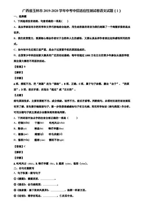广西省玉林市2019-2020学年中考中招适应性测试卷语文试题(1)含解析