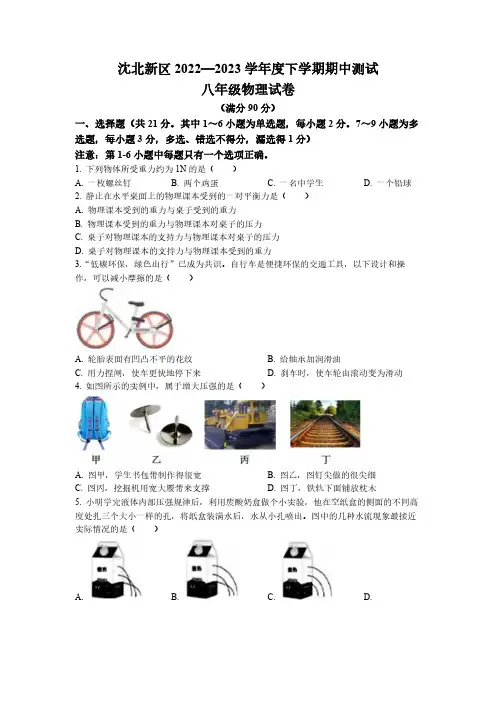 辽宁省沈阳市沈北新区2022-2023学年八年级下学期5月期中物理试题(含答案)