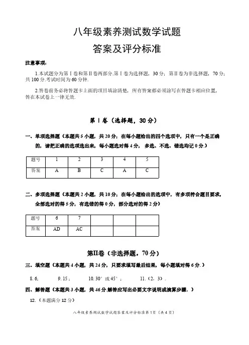 2023年八年级素养测试数学试题答案及评分标准