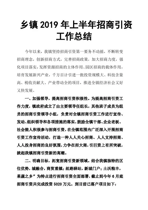 乡镇2019年上半年招商引资工作总结