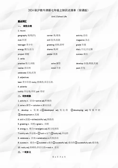2024秋沪教牛津新七年级上第2单元School Life知识点清单(背诵版)