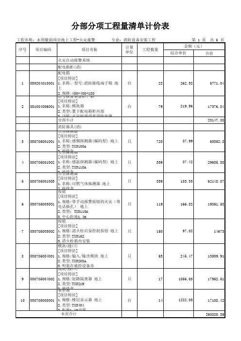 火灾报警系统分部分项工程量清单计价表