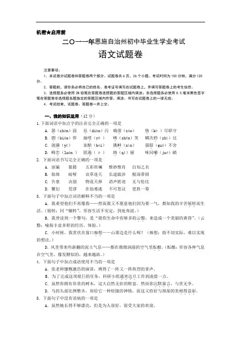 2011年湖北省恩施自治州中考语文试卷(WORD版含答案)