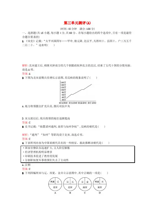 高中历史第三单元辽宋夏金多民族政权的并立与元朝的统一单元测评(A)巩固练习(含解析)新人教版必修《中