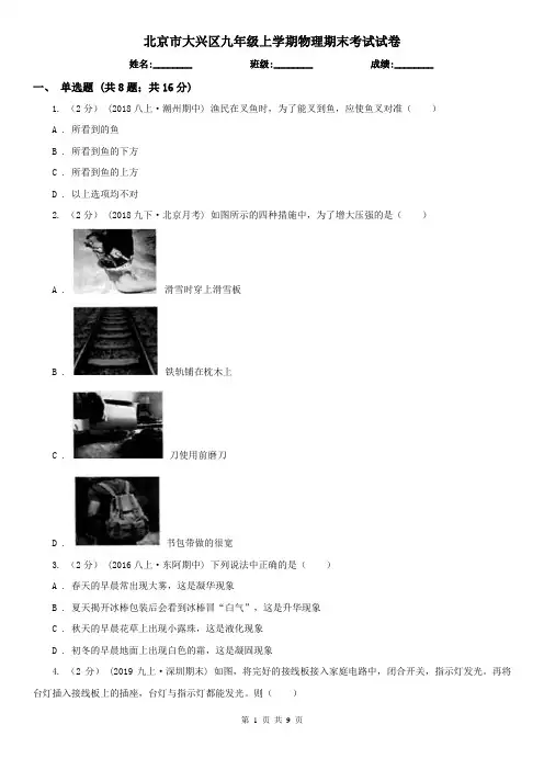 北京市大兴区九年级上学期物理期末考试试卷