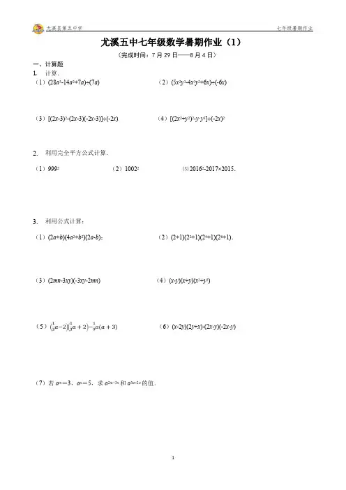 北师大版七年级数学暑期基础天天练