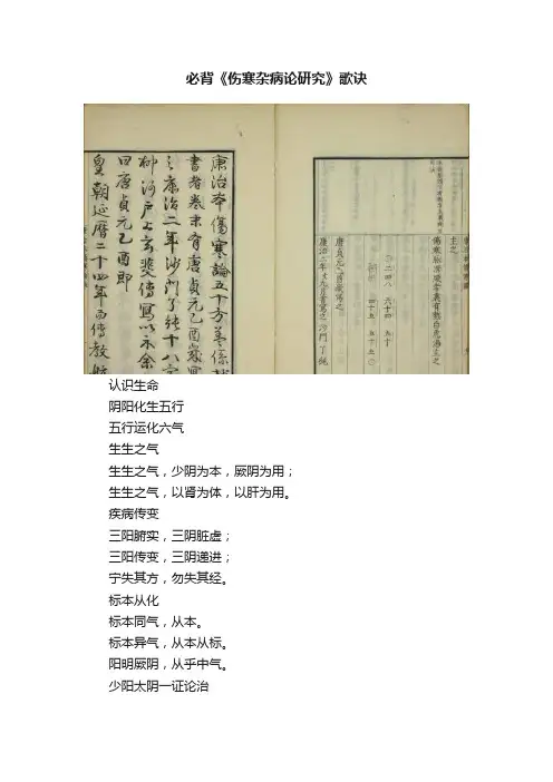 必背《伤寒杂病论研究》歌诀