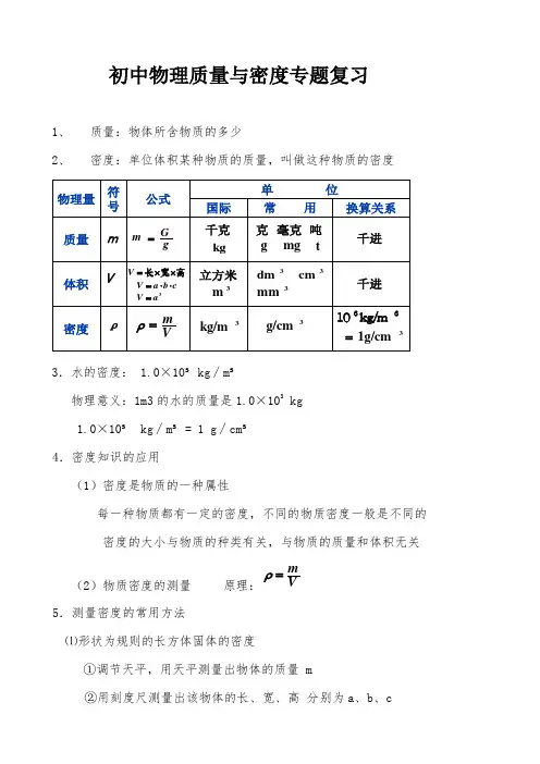 初中物理质量与密度知识点习题答案