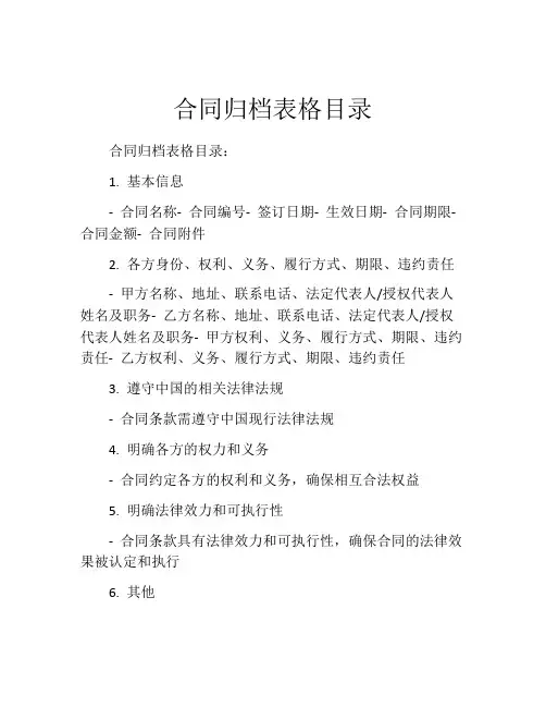 合同归档表格目录