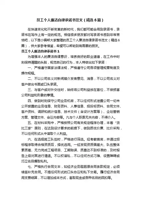 员工个人廉洁自律承诺书范文（精选6篇）