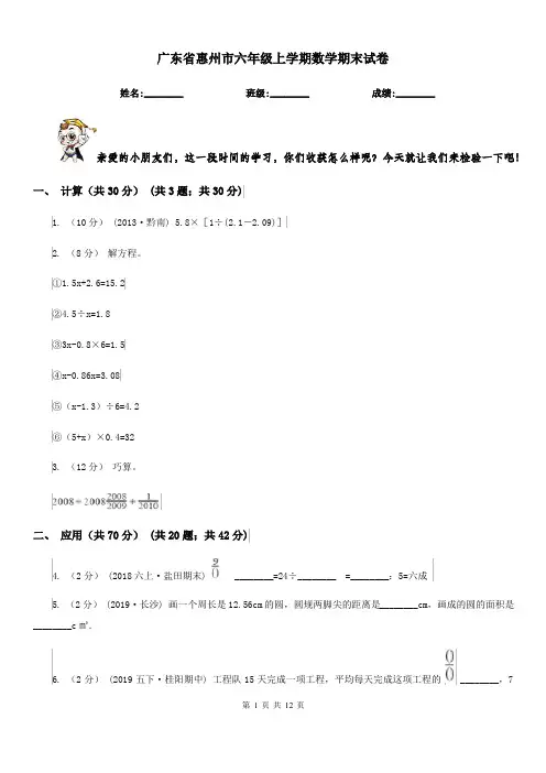 广东省惠州市六年级上学期数学期末试卷（含参考答案）