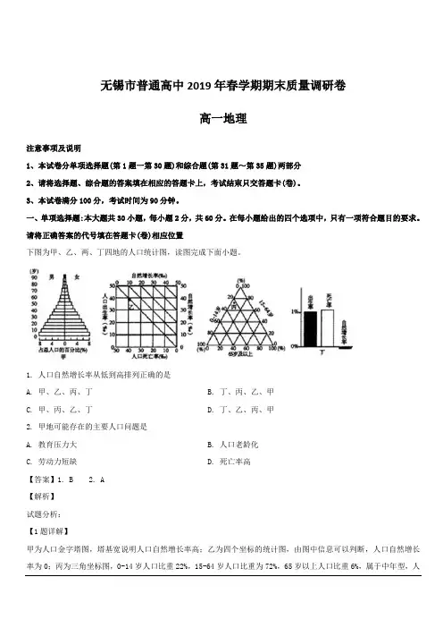 江苏省无锡市普通高中2018-2019学年高一下学期期末质量调研地理试题 含解析