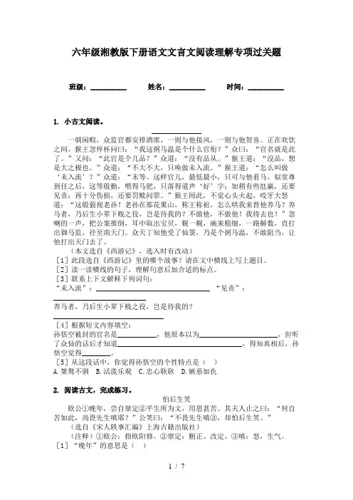 六年级湘教版下册语文文言文阅读理解专项过关题