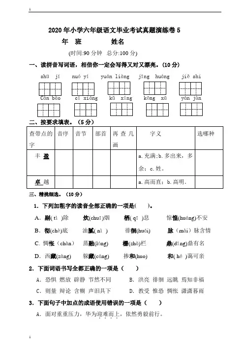 统编人教部编版小学语文六年级下册语文毕业考试真题演练卷6(含答案)