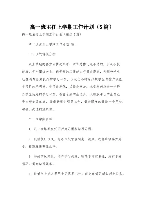 高一班主任上学期工作计划(5篇)