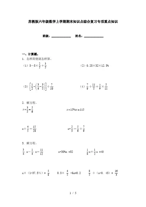 苏教版六年级数学上学期期末知识点综合复习专项重点知识