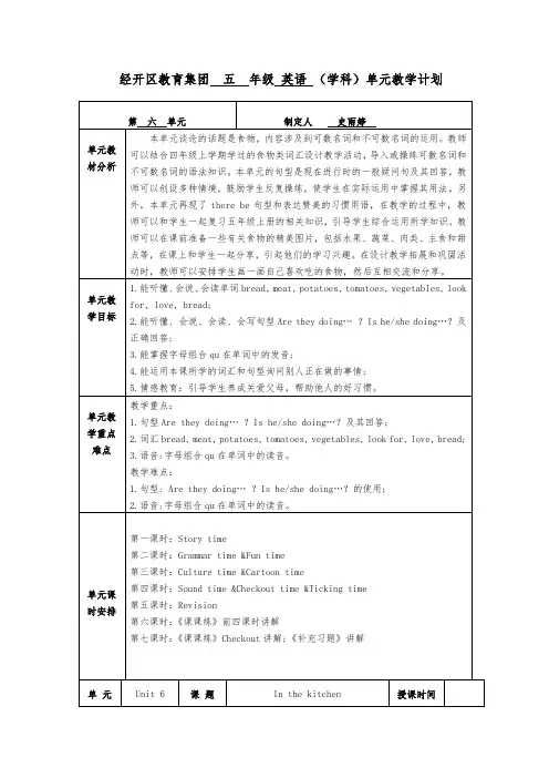 Unit6Inthekitchen(教案)译林版英语五年级下册
