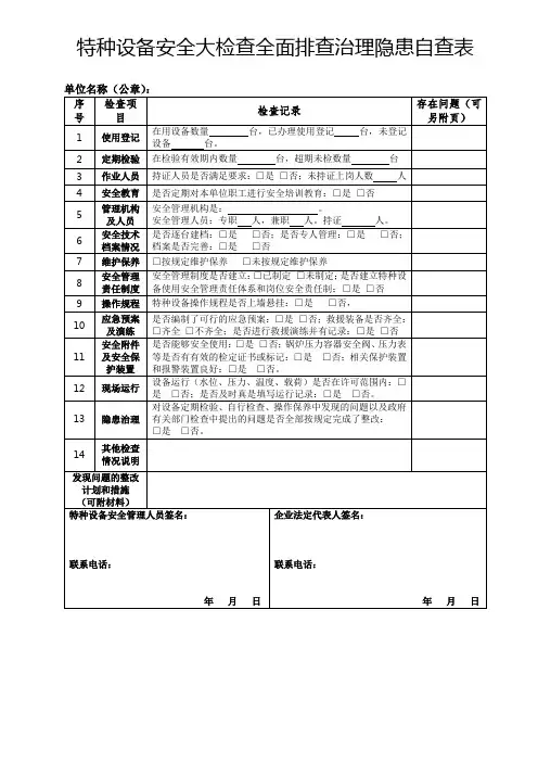 特种设备安全大检查全面排查治理隐患自查表