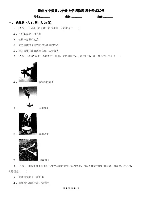 赣州市宁都县九年级上学期物理期中考试试卷