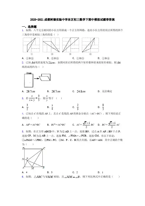 2020-2021成都树德实验中学东区初三数学下期中模拟试题带答案