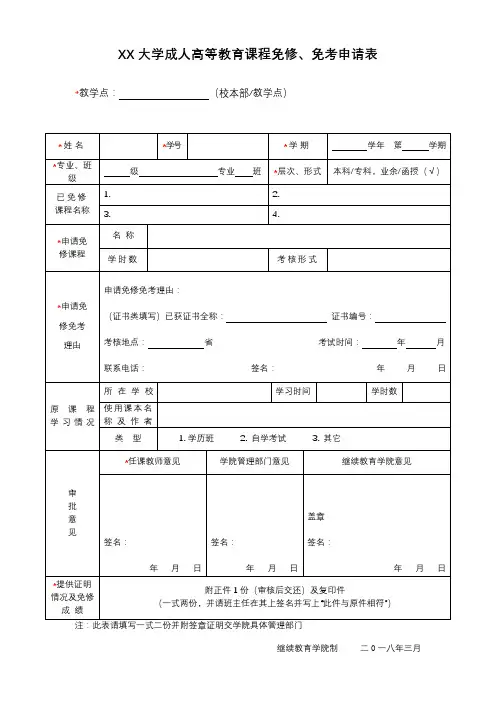XX大学成人高等教育课程免修、免考申请表【模板】