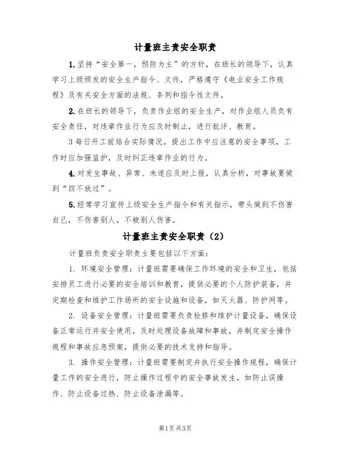 计量班主责安全职责(3篇)