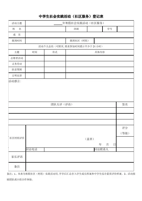学生社会实践活动(社区服务)登记表(模板)