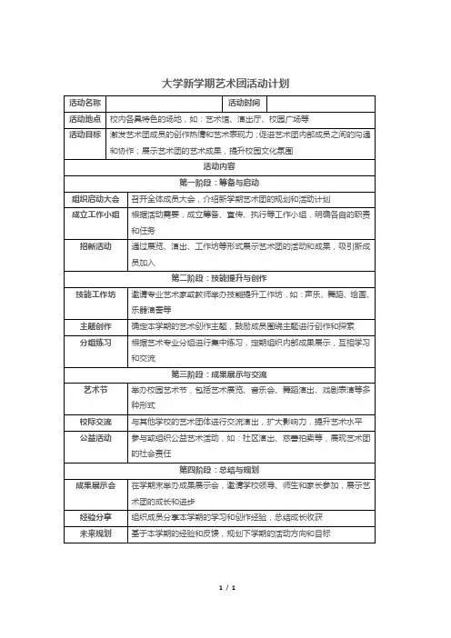 大学新学期艺术团活动计划