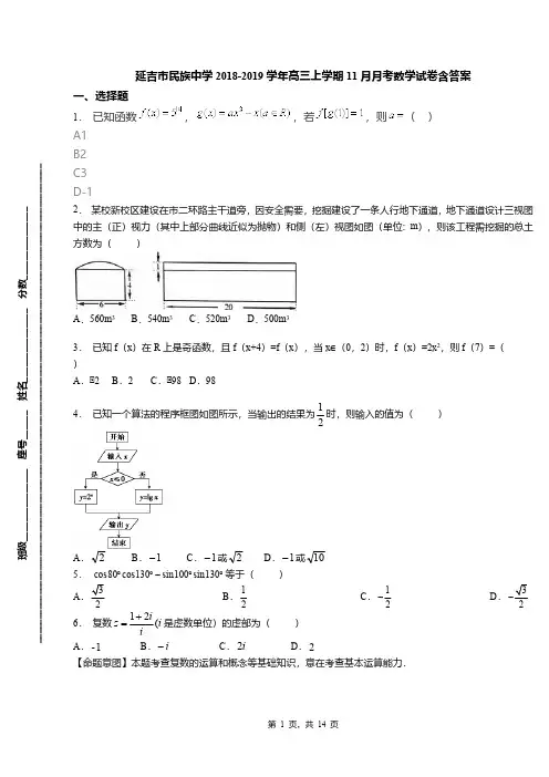 延吉市民族中学2018-2019学年高三上学期11月月考数学试卷含答案