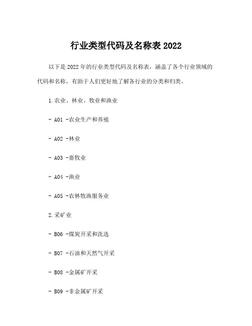 行业类型代码及名称表2022