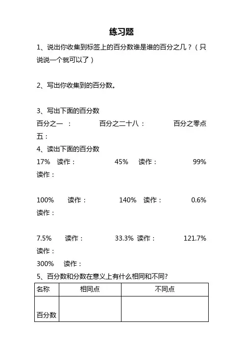 人教版六年级数学上册《百分数的意义和读、写法》练习题