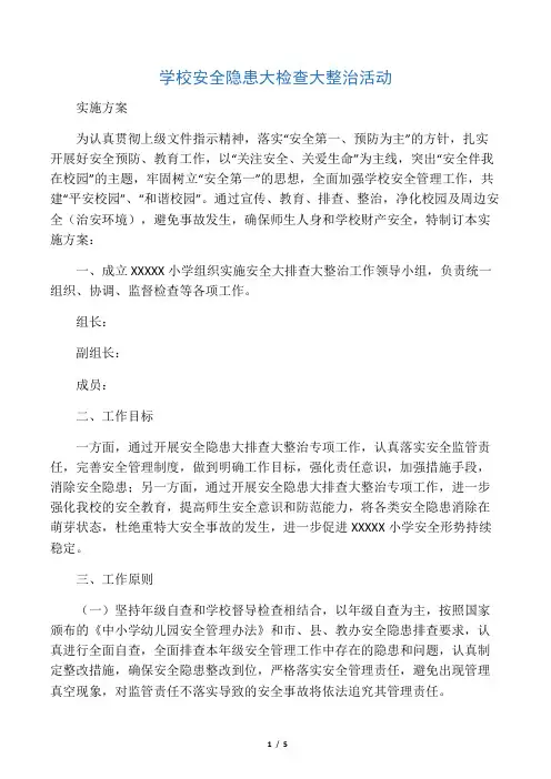学校安全隐患大整治大排查工作方案