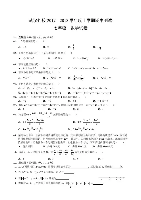 武汉外校2017—2018学年度上学期期中测试七年级数学试卷(附答案)