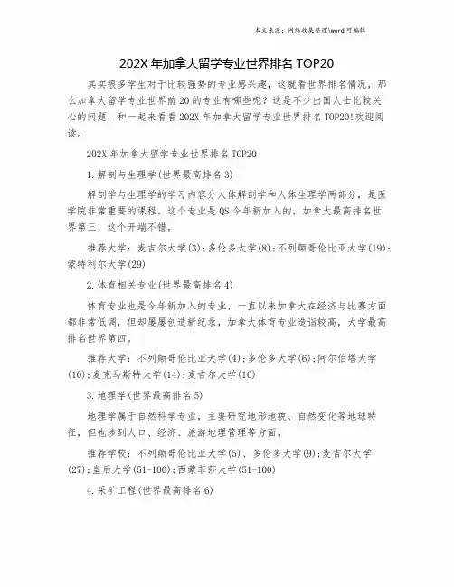 202X年加拿大留学专业世界排名TOP20.doc