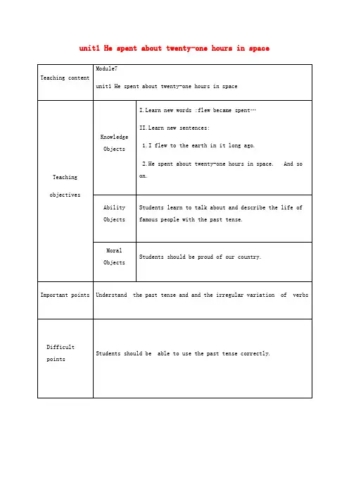六年级英语下册 Module 7 Unit 1《He spent about twenty-one hours in space》教案 外研版(三起)