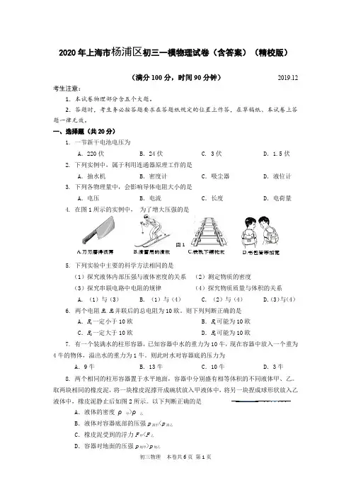 2020年上海市杨浦区初三一模物理试卷(含答案)(精校版)