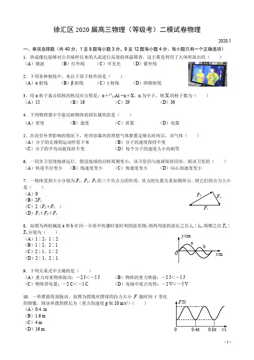 2020届上海市徐汇区高三物理等级考模拟(二模)试卷