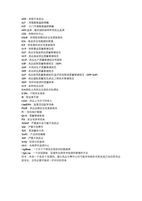 药物警戒活动中用到的英文简写对应中文名称