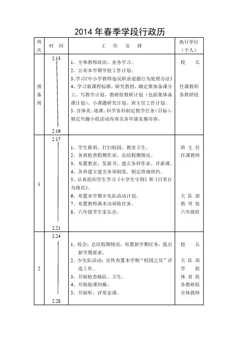 2014年春季学段行政历
