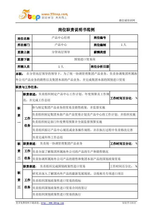 产品中心经理岗位职责说明书