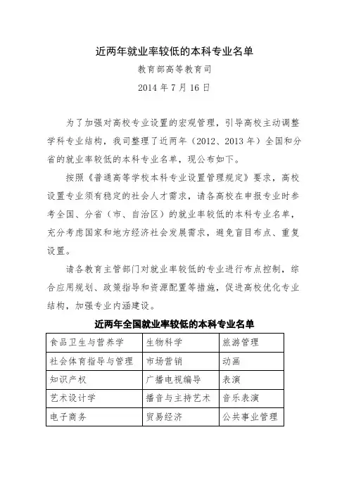 近两年就业率较低的本科专业名单