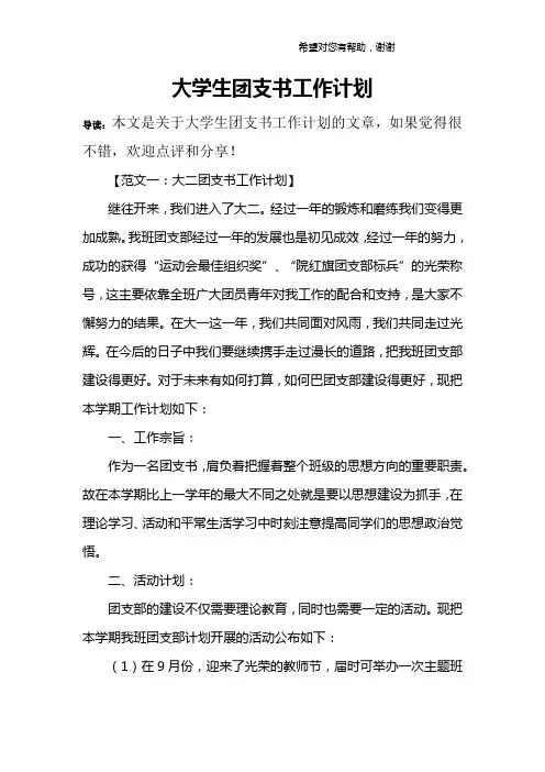 大学生团支书工作计划