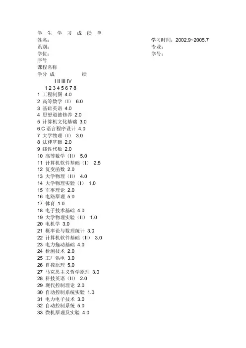 学  生  学  习  成  绩  单英文版