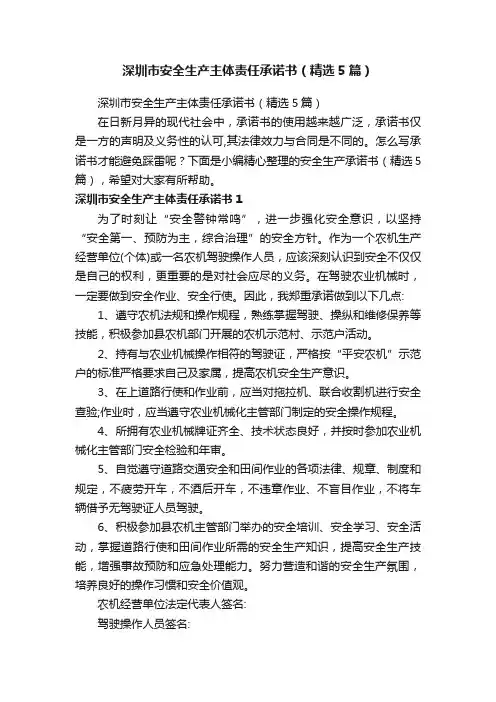 深圳市安全生产主体责任承诺书（精选5篇）